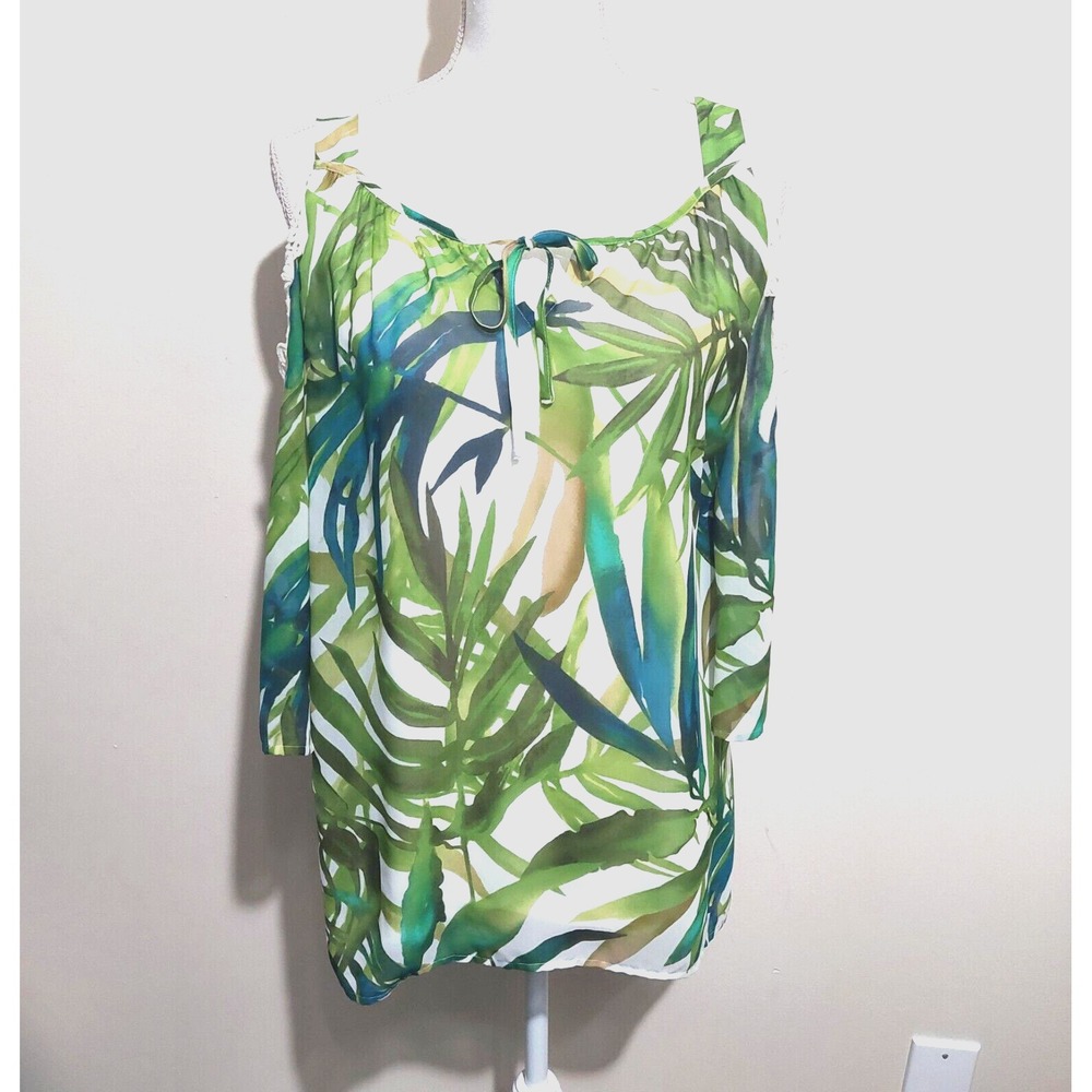 Chico's Womens 0(XS) Cold Shoulder Halter Top Tropical Sheer Shell Lined